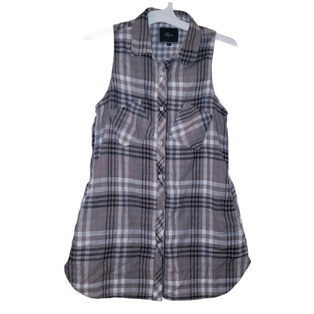 Rails Tan Button Down Collared Plaid Tank Tunic